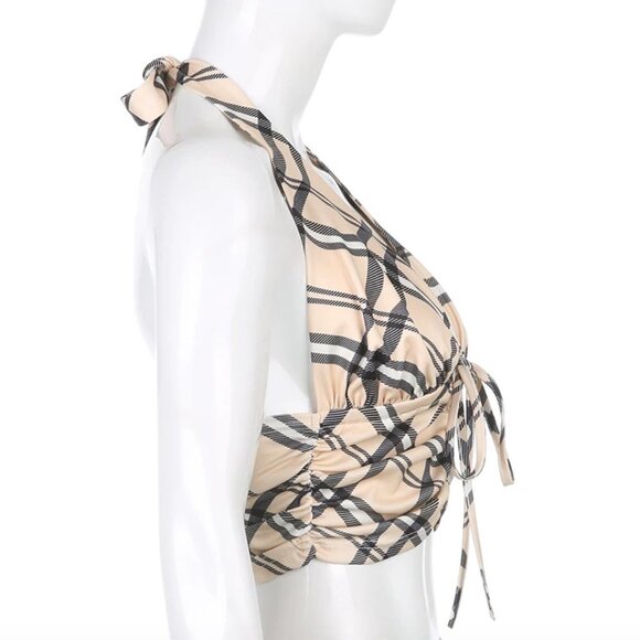 LAST Small Plaid Print Crop Top Backless Tie Halter Top Ruched Cami‎ - Picture 4 of 7